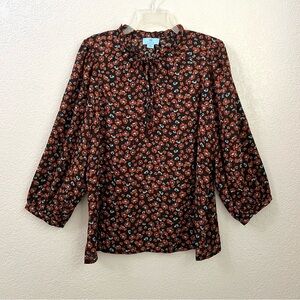 CeCe Brown Blue Floral Puff 3/4 sleeves Casual Blouse Tie Neck Tops L